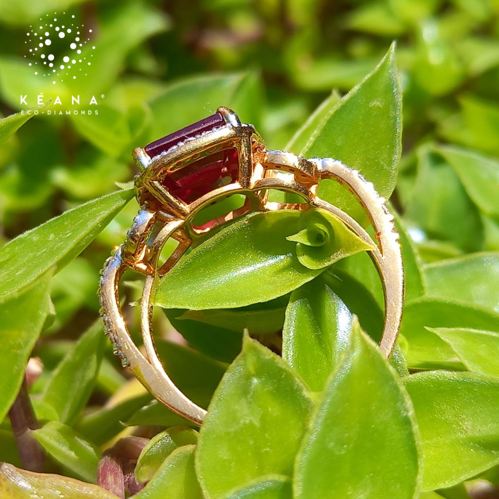 Square Ruby Ring with halo and half-studded Band | Kéana Eco-diamonds